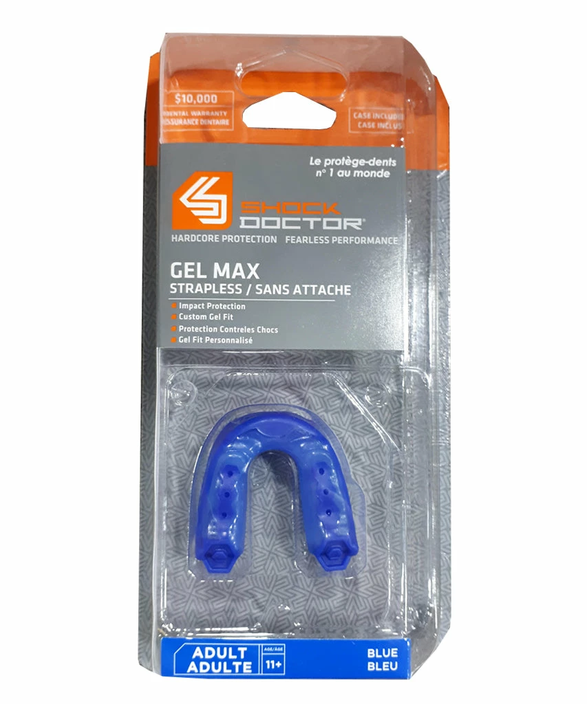 SHOCK DOCTOR GEL MAX ADULT STRAPLESS MOUTHGUARD - BLUE 3 SHOCK DOCTOR GEL MAX ADULT STRAPLESS MOUTHGUARD - BLUE